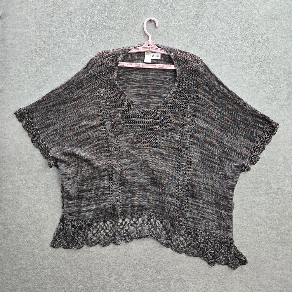 Democracy Women Sweater L Brown Crochet Oversized Open Knit Short Sleeve